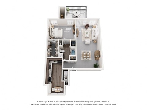 Floor plan for 1 bed, 1 bath, 891 sqft